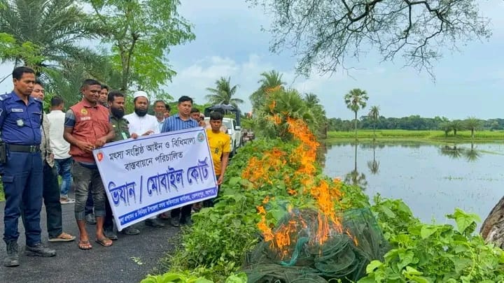 কেশবপুরে দেশীয় মাছ রক্ষায় অভিযান, ২ হাজার মিটার অবৈধ চায়না দুয়ারী জাল ধ্বংস